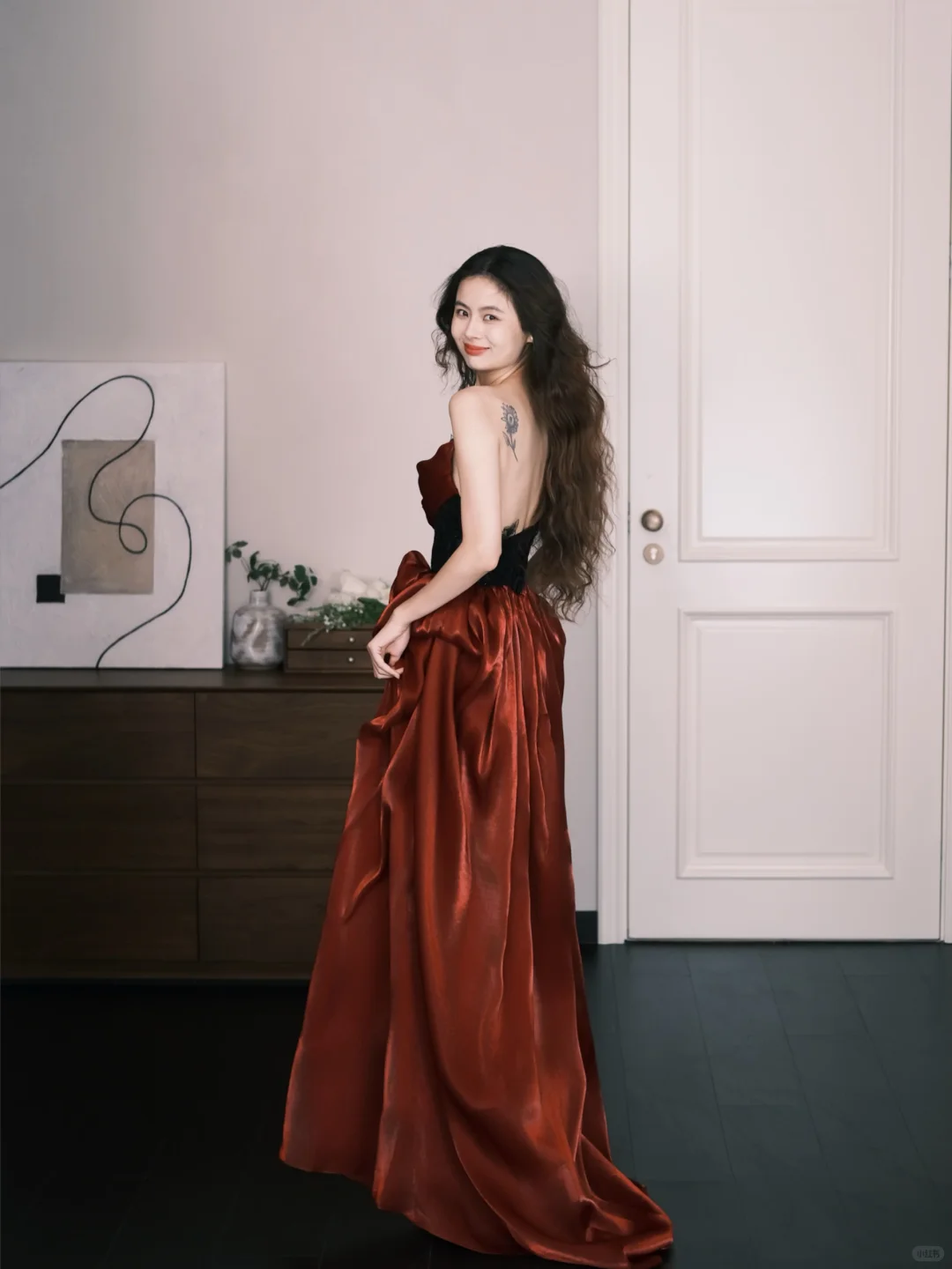 Burgundy Strapless Lace Waist Satin Evening Ball Gown  NV7324