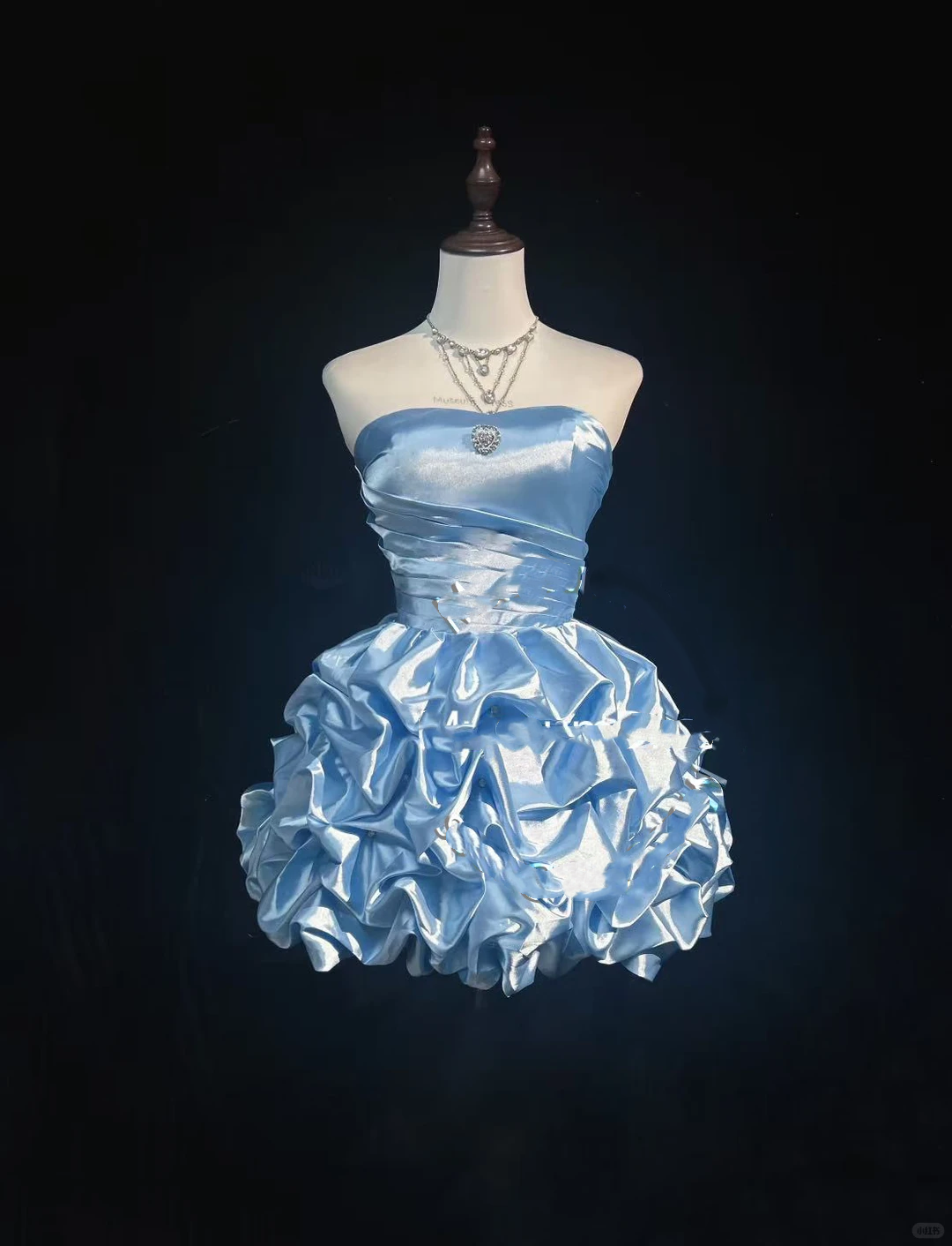 Light Blue Strapless Short Homecoming Dress Ruched Satin Puffy Ruffle Skirt Rhinestone Formal Cocktail Gown  NV6907