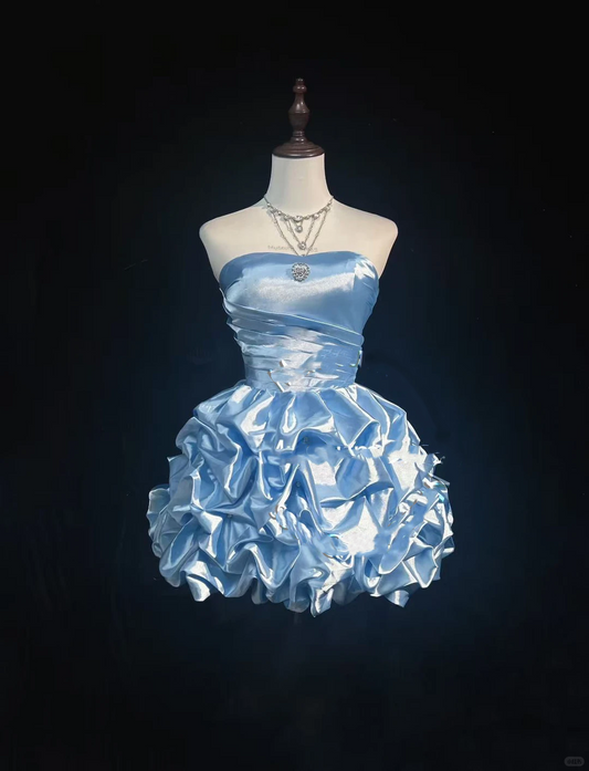 Light Blue Strapless Short Homecoming Dress Ruched Satin Puffy Ruffle Skirt Rhinestone Formal Cocktail Gown  NV6907