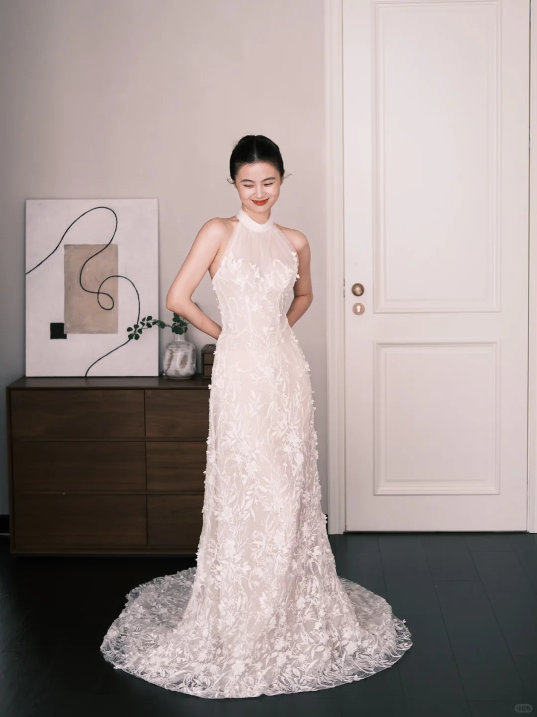 White Halter High Neck Lace Mermaid Wedding Dress  NV7235