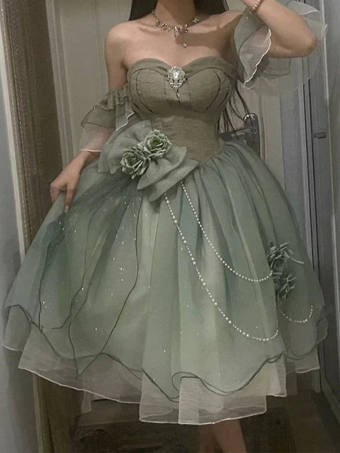 Green Cute Off Shoulder A Line Floral Short tulle Party Dress Mini Birthday Dress Homecoming Dress Prom Dress nv4172