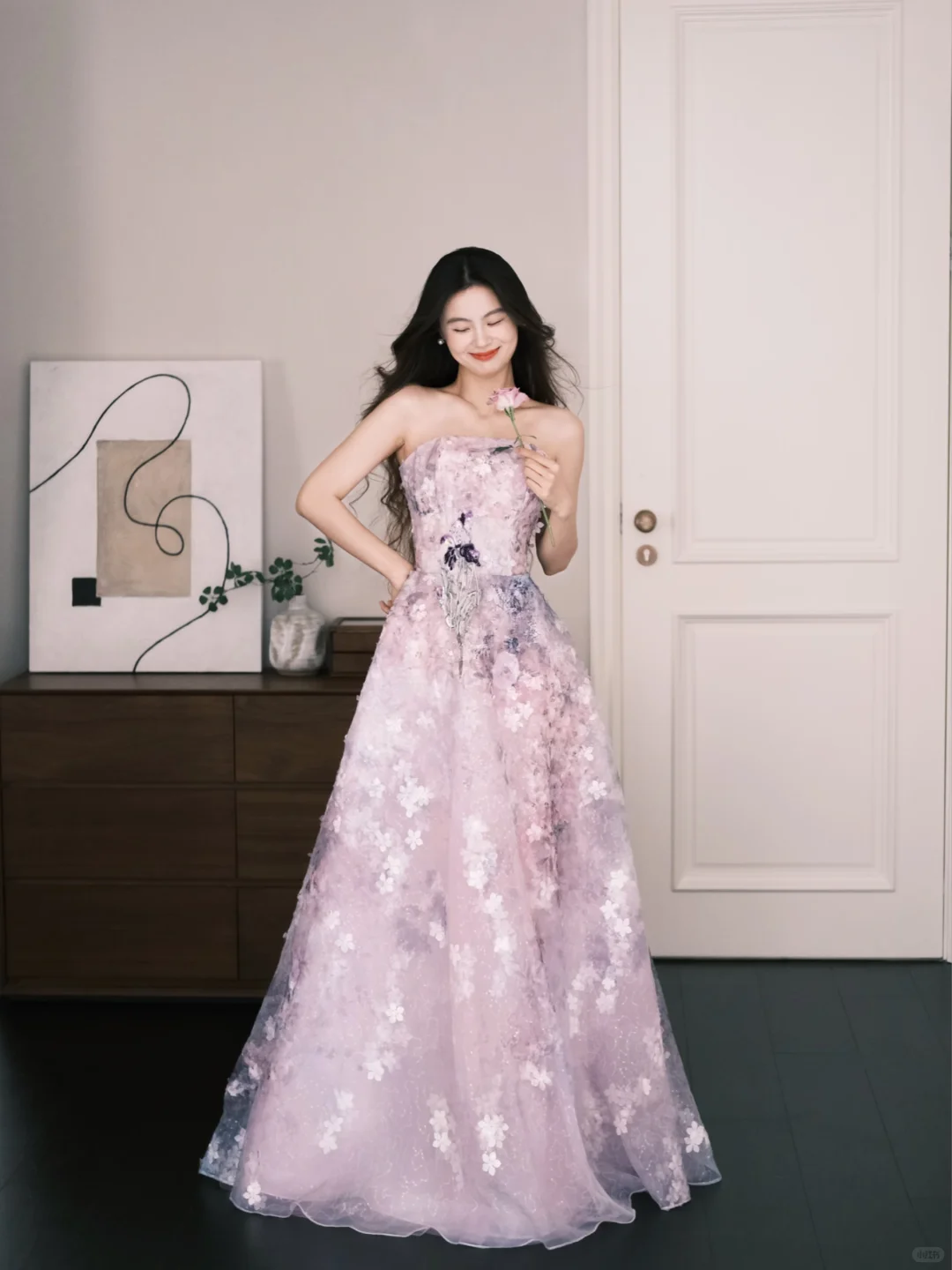 Pink Purple Ombre Strapless 3D Floral Prom Dress  NV7225