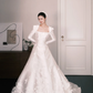Square Neck Long Sleeve Satin A Line Wedding Gown with Floral Appliques  NV7346