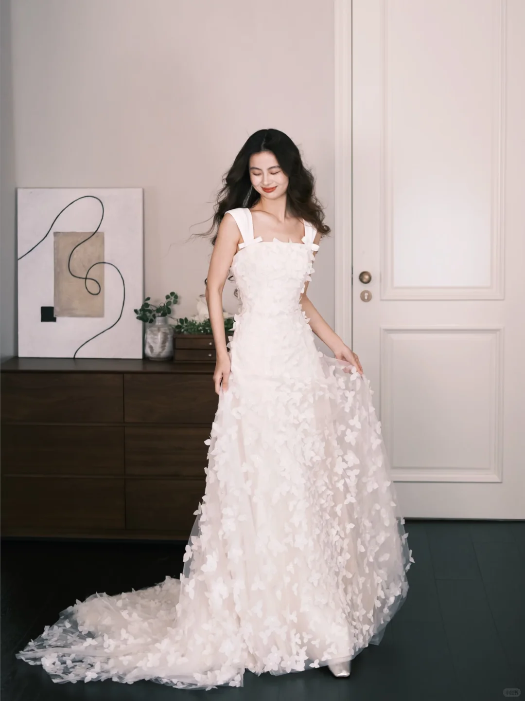 3D Floral Tulle Wedding Dress Square Neck Wide Strap  NV7316