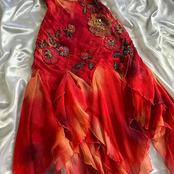 🌺✨Robe de soirée longue en mousseline de soie, élégante et rétro, avec perles exquises, rouge, nv5351