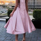 Pink Solid Sleeveless Backless Satin Bow Sweetheart Elegant A-Line Midi Ankle Length Evening Dress Wedding Guest Dress Homecoming Dress nv2512