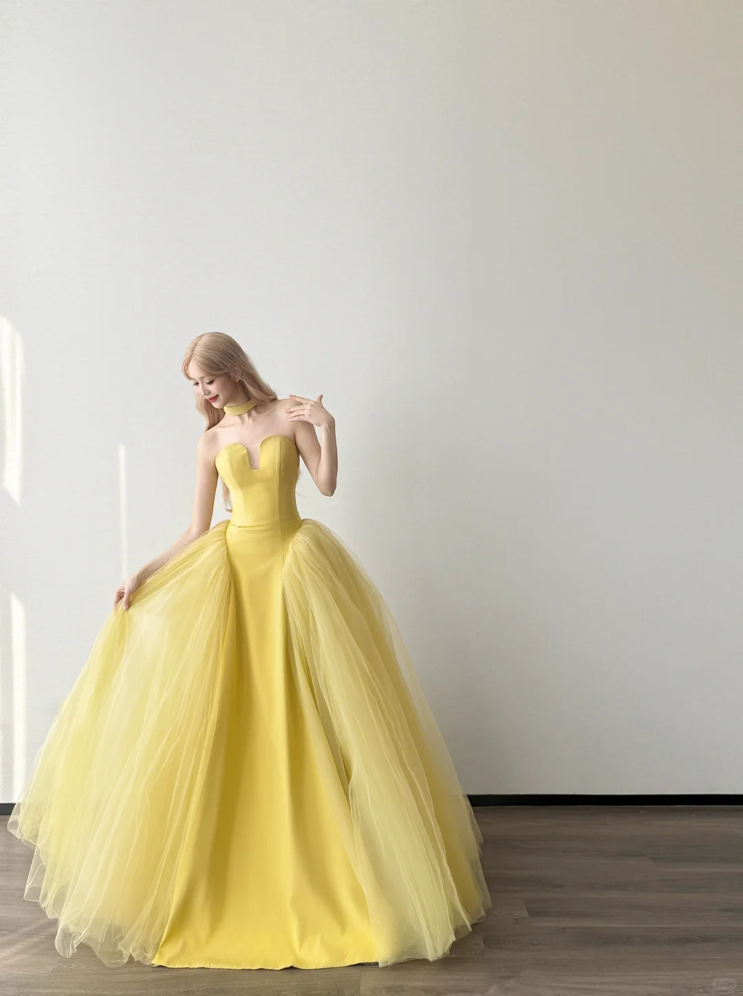 Bright Yellow Strapless Notch V Prom Gown Satin Choker Neck Layered Tulle A Line Evening Dress  NV7156