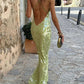 Limettengrünes rückenfreies Maxikleid mit Spaghettiträgern und Pailletten, sexy, elegantes langes Abendkleid, Partykleid, nv2692