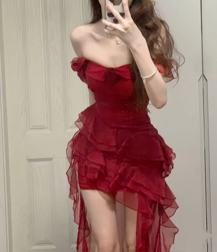 Beautiful red ruffled long chiffon sexy elegant homecoming dress nv4816