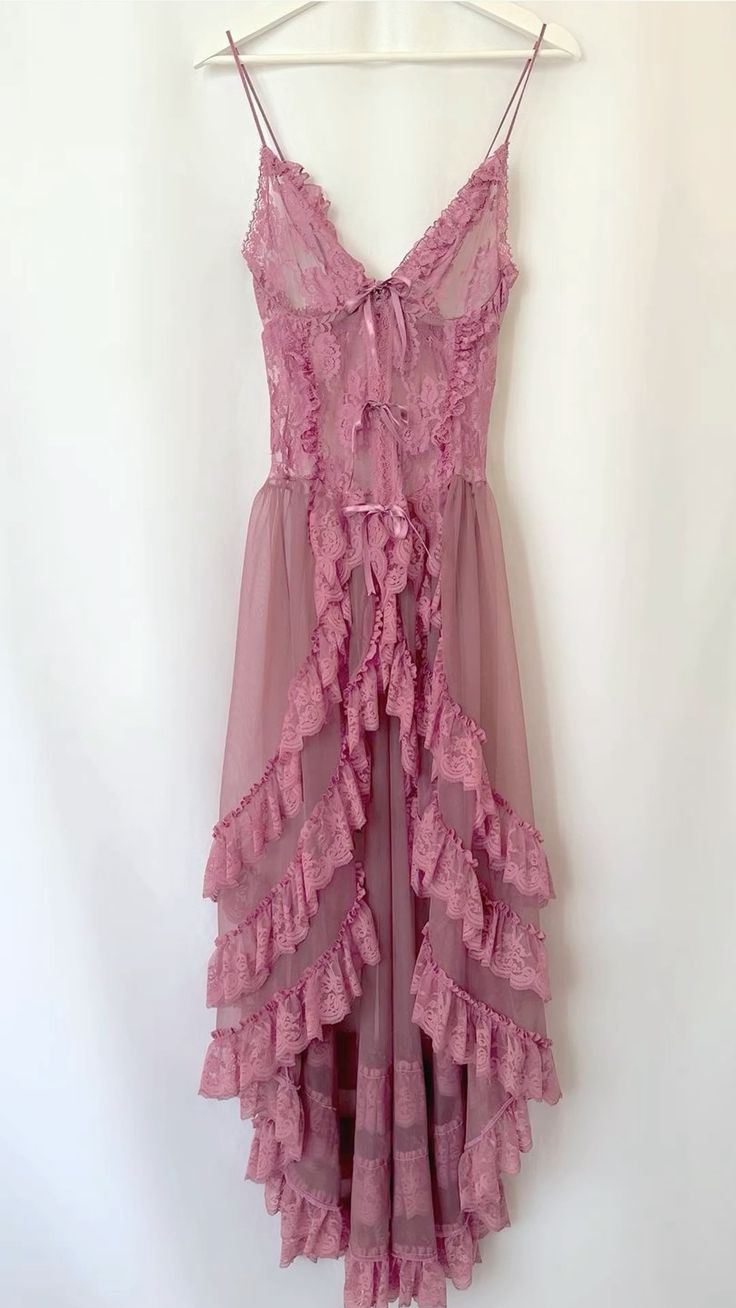 Pink Sweet Delicate Lace Spaghetti Strap Long Tulle ruffled Ball Gown Evening Dress Birthday Party Dress Prom Dress nv3908