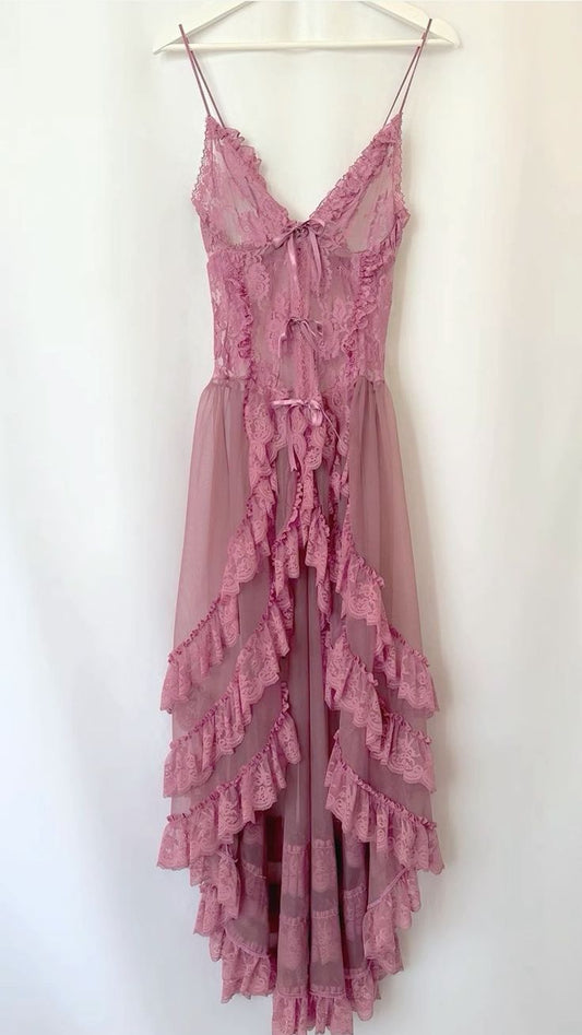 Robe de soirée longue en tulle à volants, en dentelle délicate et rose, à bretelles spaghetti, pour fête d'anniversaire, bal, nv3908