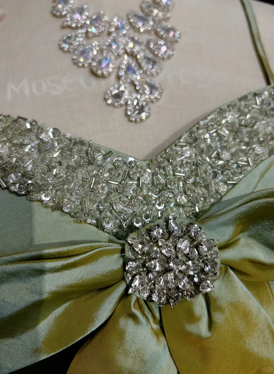 Sage Green Spaghetti Straps Short Prom Dress Rhinestone Trim Satin Bows Voluminous Tulle Mini Formal Gown  NV6894