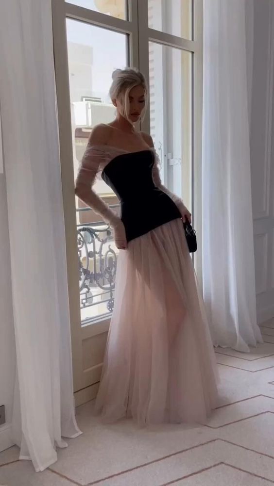 Pink off-shoulder tulle fashionable and elegant stitching unique shape long ball gown party dress evening dress nv2511