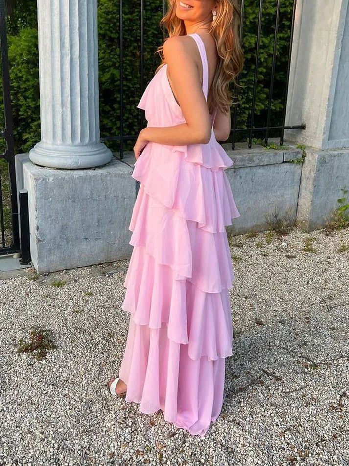 Pink Fashion Sweet Cute Long Tiered Ruffle Chiffon Floor Length Ball Gown Evening Dress Party Dress Prom Dress 22nd Birthday Suit nv3904