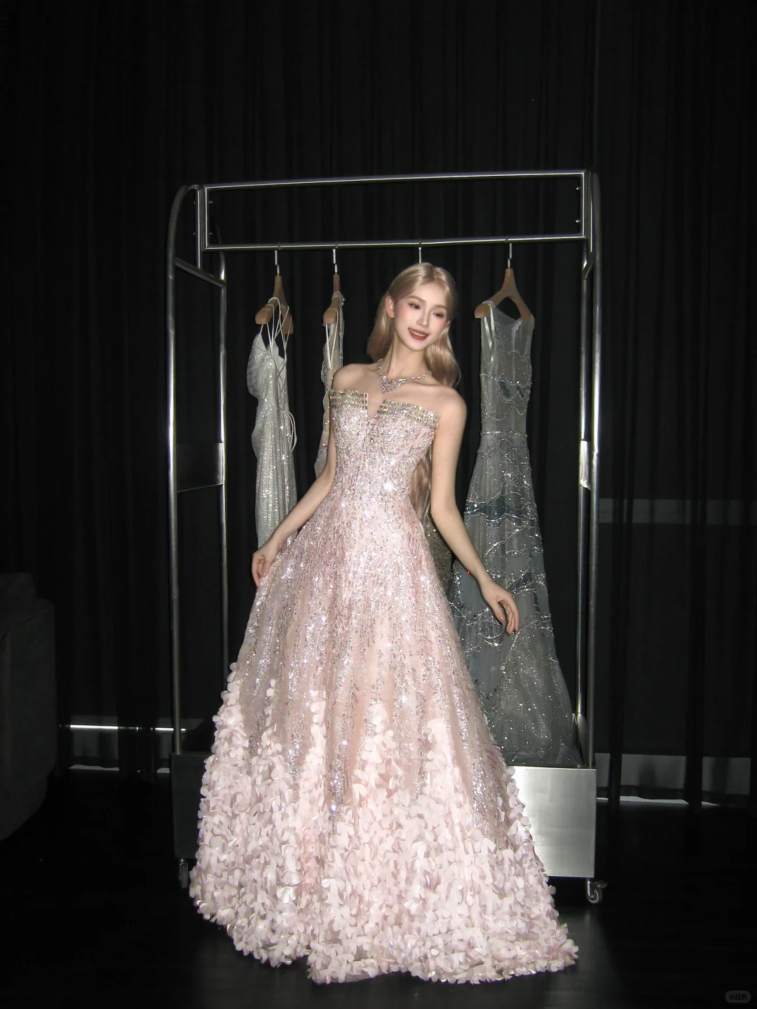 Strapless Light Pink Ball Gown Prom Dress, Sequin 3D Petal Evening Gown  NV7107