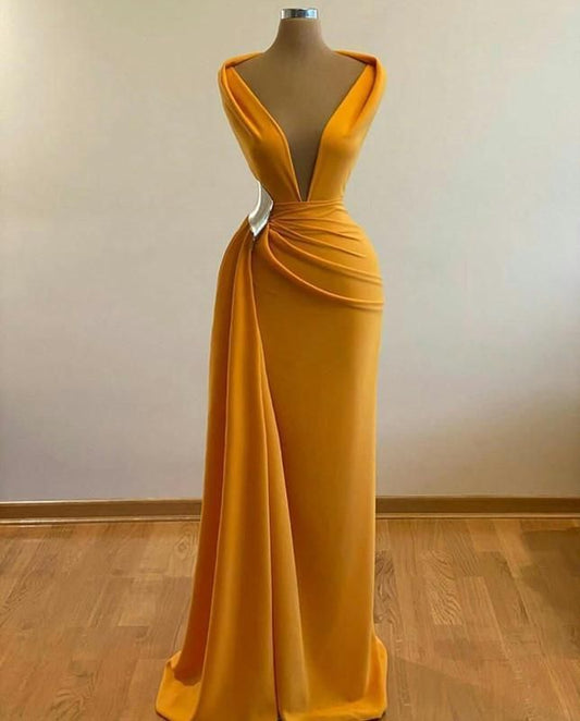 Yellow Deep V Neck Long Mermaid Slim Ball Gown Sexy Satin Evening Dress Cocktail Party Dress nv3161
