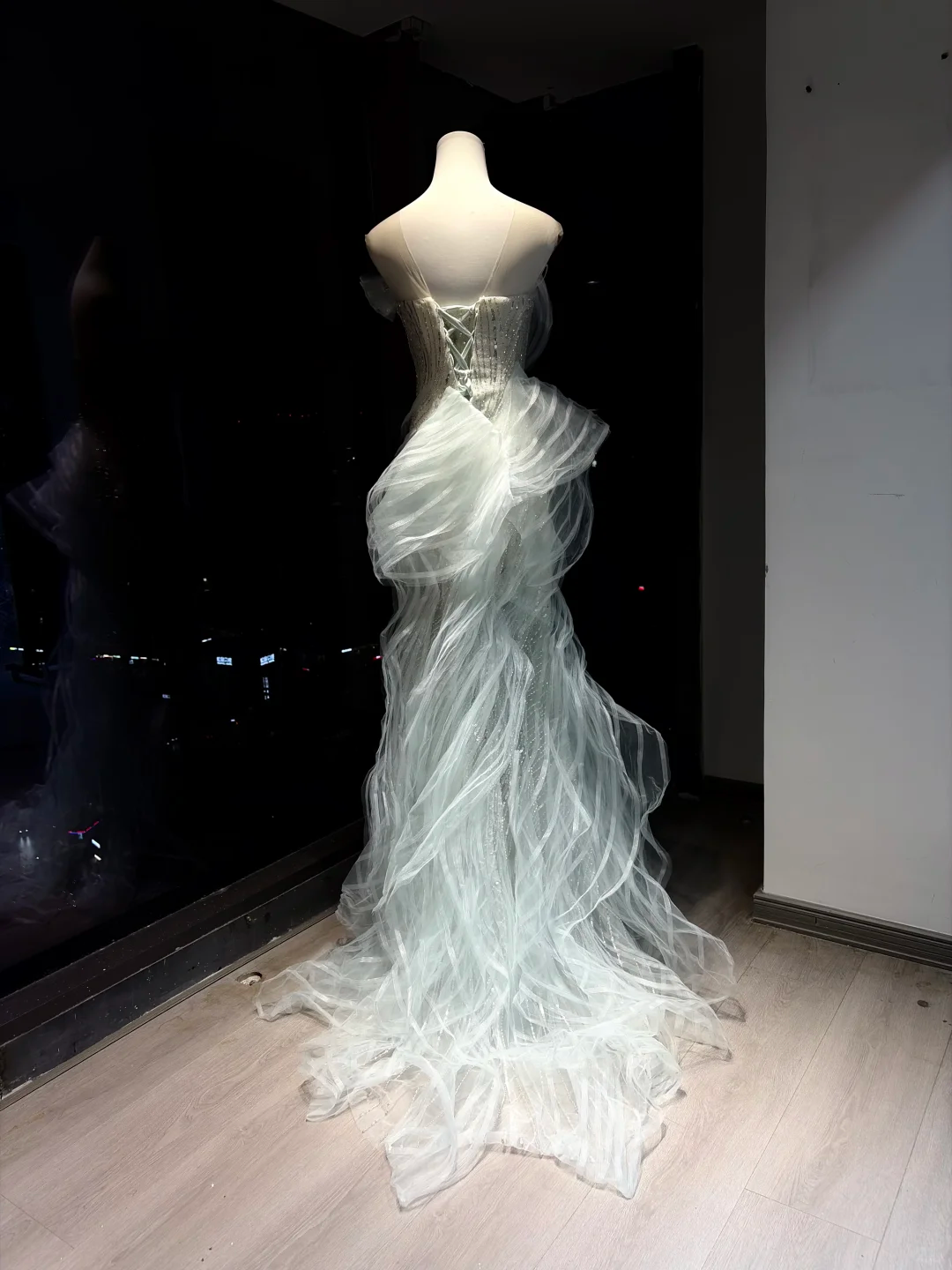 Light Mint Off Shoulder Long Mermaid Formal Gown Hand Beaded Ruffle Tulle Evening Dress  NV6959