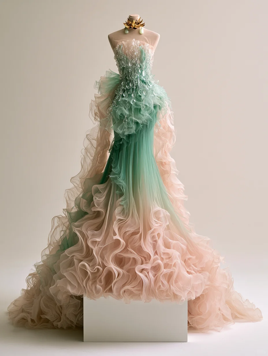 Mint Green Peach Pink Gradient Strapless Crystal Beaded Mermaid Gown  NV7479