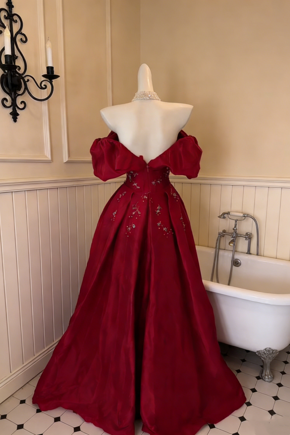 Retro Prom Burgundy Retro Prom Gown - Off-Shoulder Puff Sleeve Beaded Floral Train Party Maxi Dress NV6825