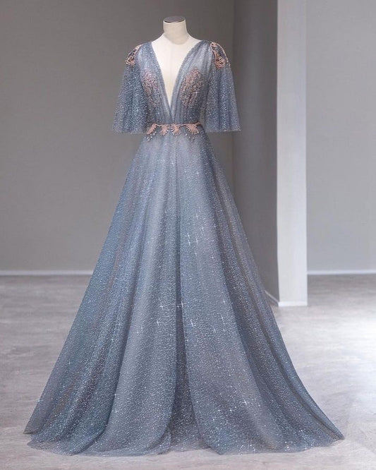 Robe de soirée longue en tulle bleu, magnifique, exquise, avec des appliques florales, sexy, col en V, ligne A, paillettes, élégante, longueur au sol, nv3813