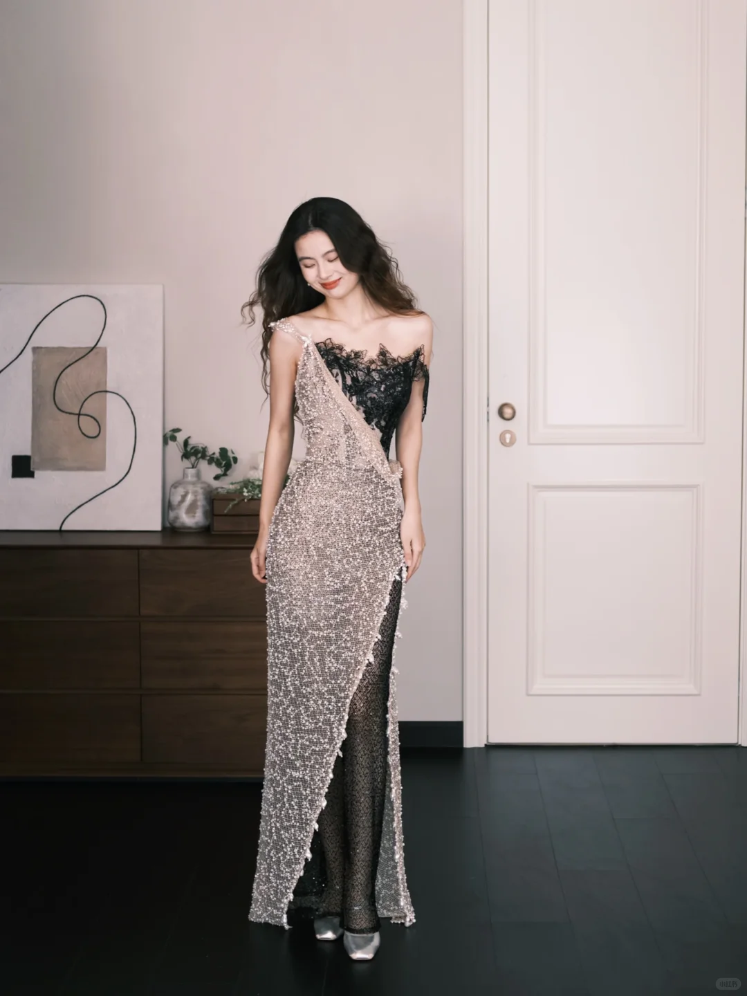 One Shoulder Black Lace Sequin Prom Dress, High Slit Mermaid Evening Gown  NV7331