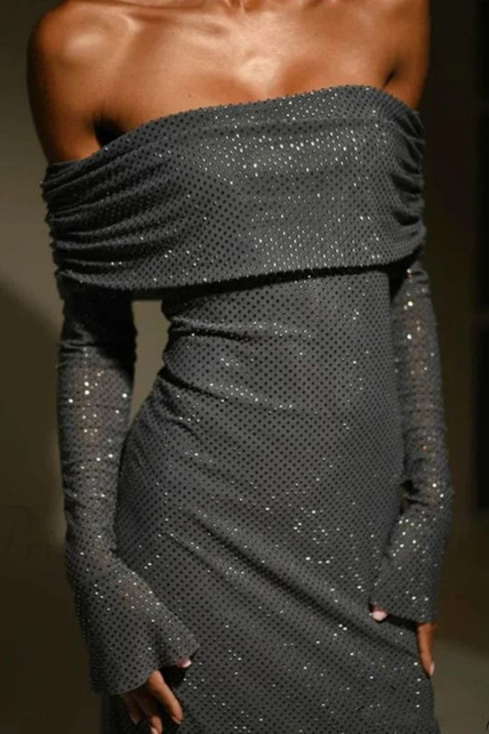 Champagne gold/grey sequined long sleeves charming off-the-shoulder long prom dress party dress nv5295
