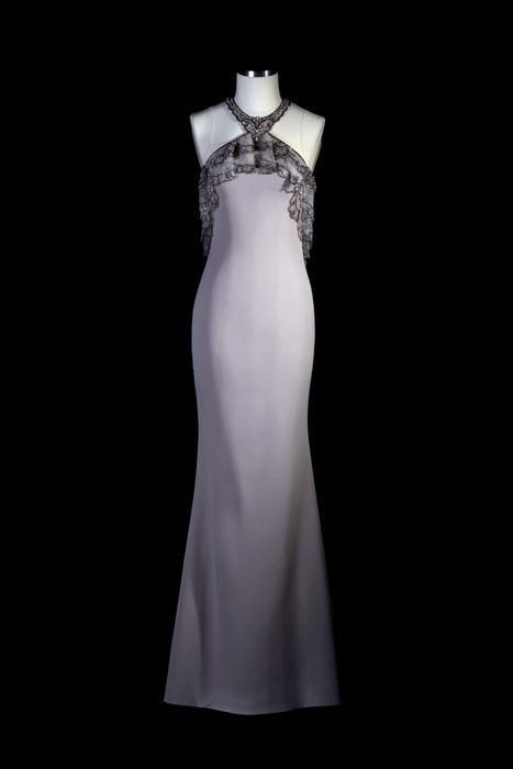 Light Purple Satin Halter Black Lace Floor-Length Elegant Fairy Gown  NV6237