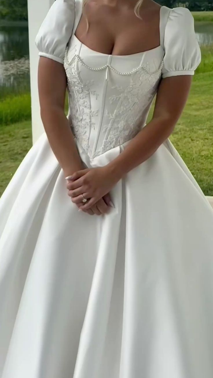 NiceVestidos--Short Sleeve Satin Long Square Neck Wedding Dress Corset NV5883