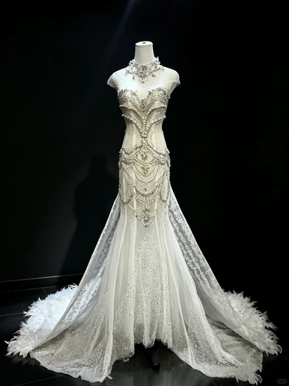White Sheer Tulle Rhinestone Pearl Feather Train Mermaid Wedding Dress  NV6985