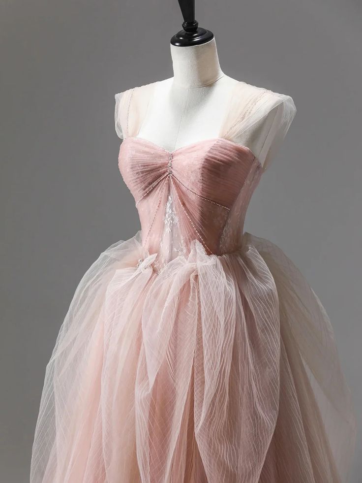 A-Line Pink Sweet Cute Corset Long Tulle Ball Gown Evening Dress with Ruffles Elegant nv2724