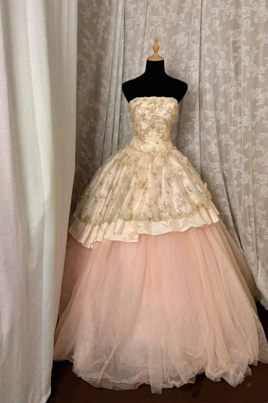 Blush Pink Gradient Embroidery Tiered Ball Gown: Bandeau Neck, Jacquard Trim, Evening Gentle Maxi Dress NV6438