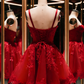 Red Lace Appliqué Spaghetti Strap Short Tulle Back-To-School Dress/Birthday Party Dress Nv4932