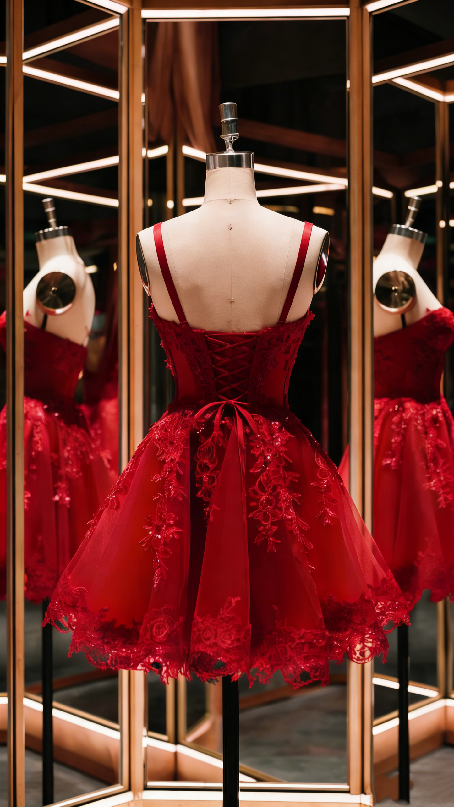 Red Lace Appliqué Spaghetti Strap Short Tulle Back-To-School Dress/Birthday Party Dress Nv4932