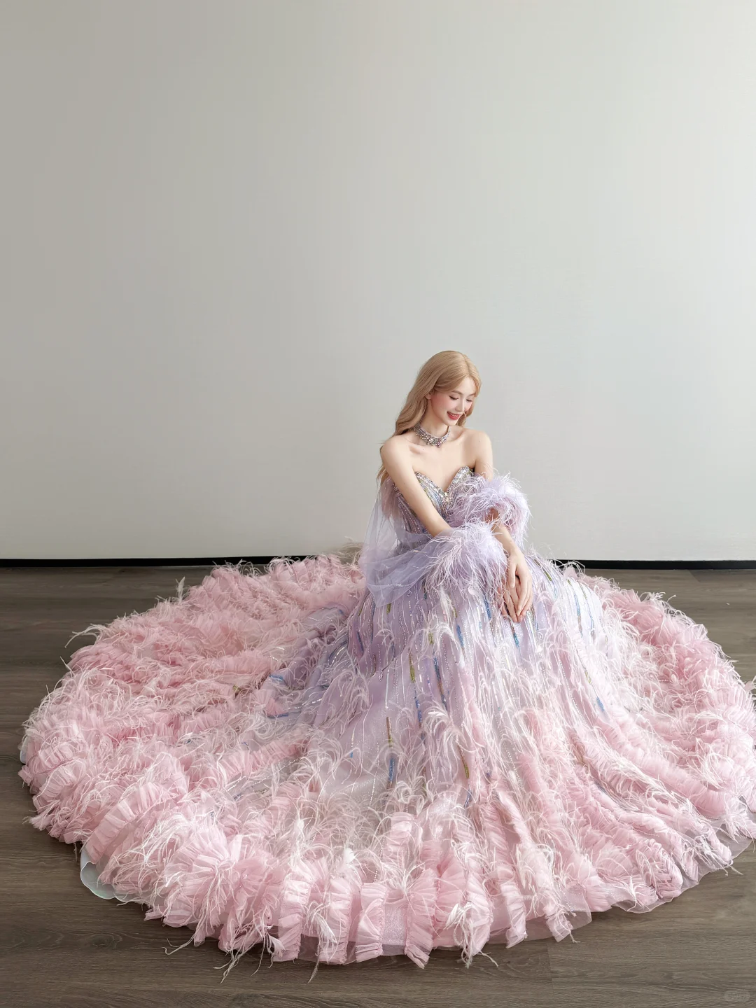Ombre Pink Purple Feather Prom Gown Strapless Sweetheart Rhinestone Formal Dress  NV7164