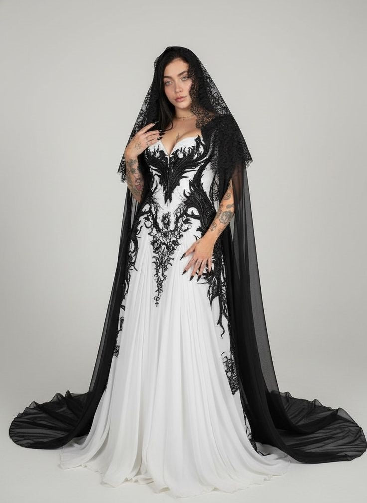 Robe de mariée bustier en dentelle avec voile, broderie contrastée 3D violette, noire et blanche NV6226