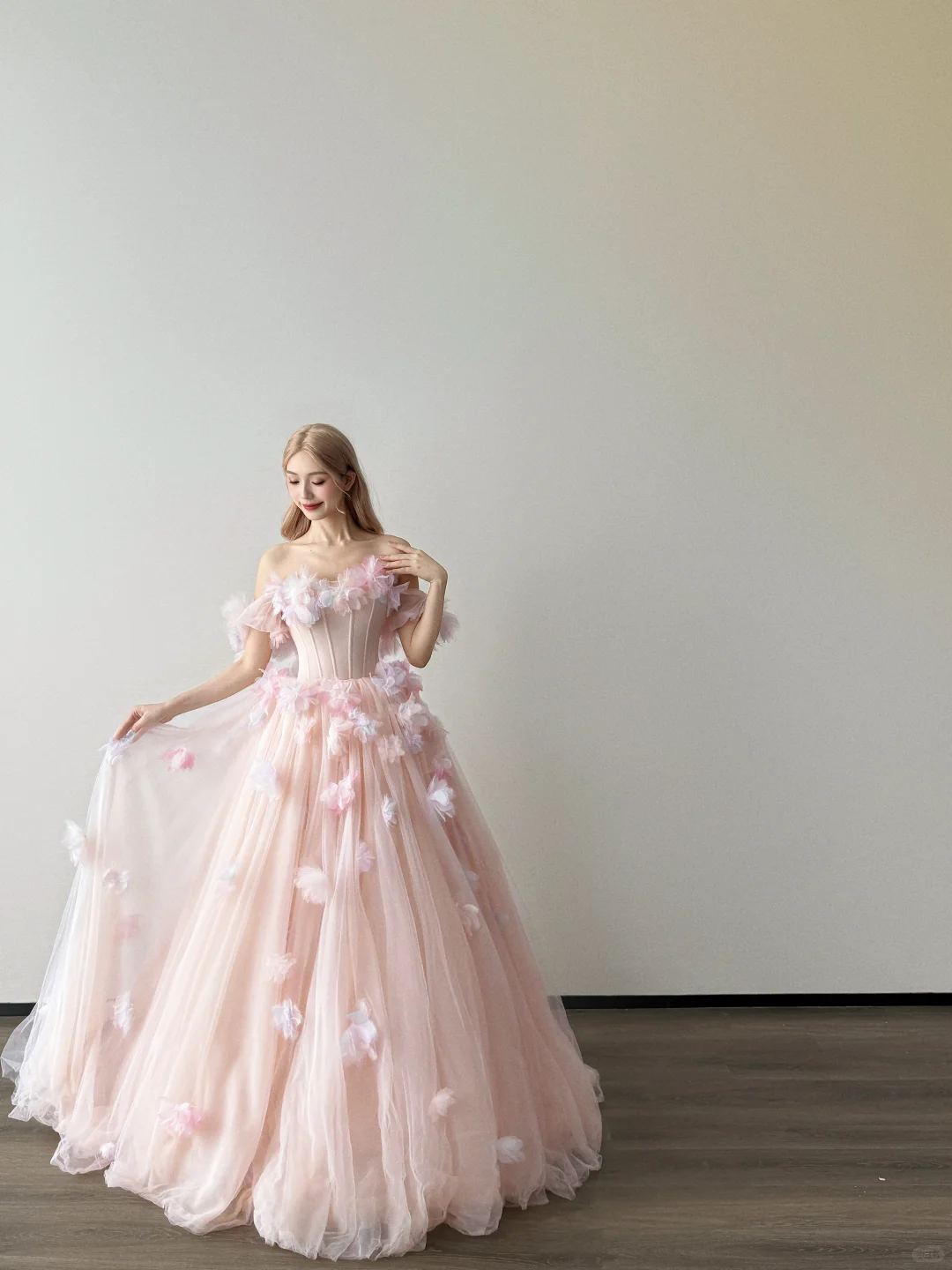 Off Shoulder Blush Pink Tulle Ball Gown 3D Floral Prom Dress  NV7125