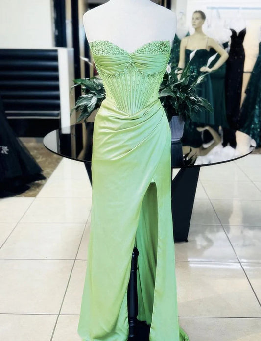Green Gorgeous Shiny Exquisite Beaded Long satin Slit Elegant Sexy Ball Gown Evening Dress Party Dress nv4147