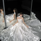 Strapless White Shiny Satin Ball Gown, Princess Wedding Bridal Dress With Neck Ribbon  NV7105