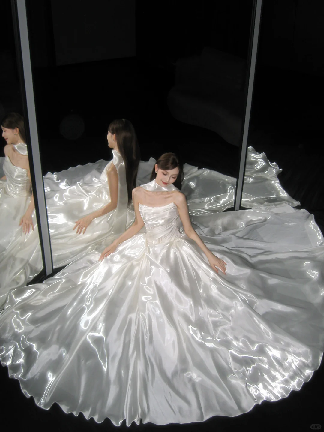 Strapless White Shiny Satin Ball Gown, Princess Wedding Bridal Dress With Neck Ribbon  NV7105