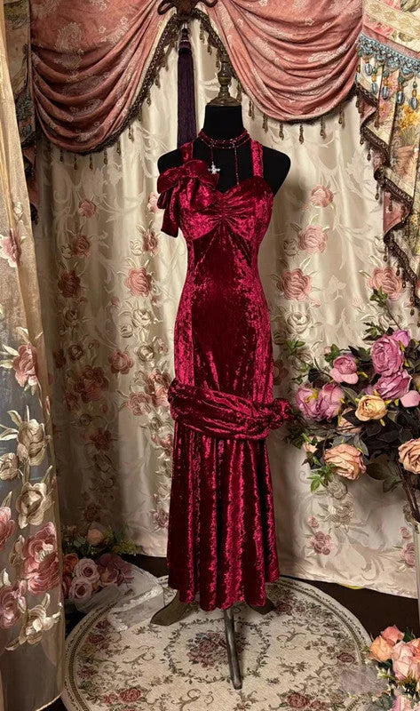 Robe de bal élégante en velours bordeaux, longue, à bretelles sirène, pour fête d'anniversaire, nv3937