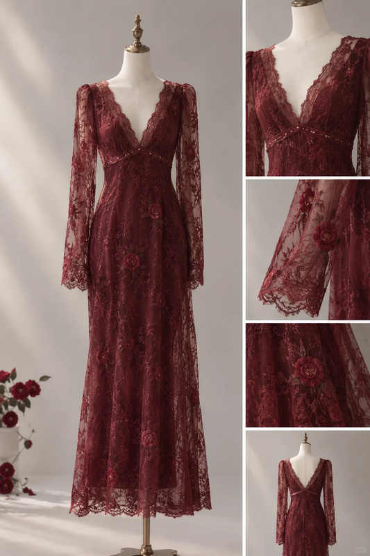 Burgundy Lace Mermaid Prom Dress, V Neck Long Sleeve with 3D Rose Flower Appliques  NV7449