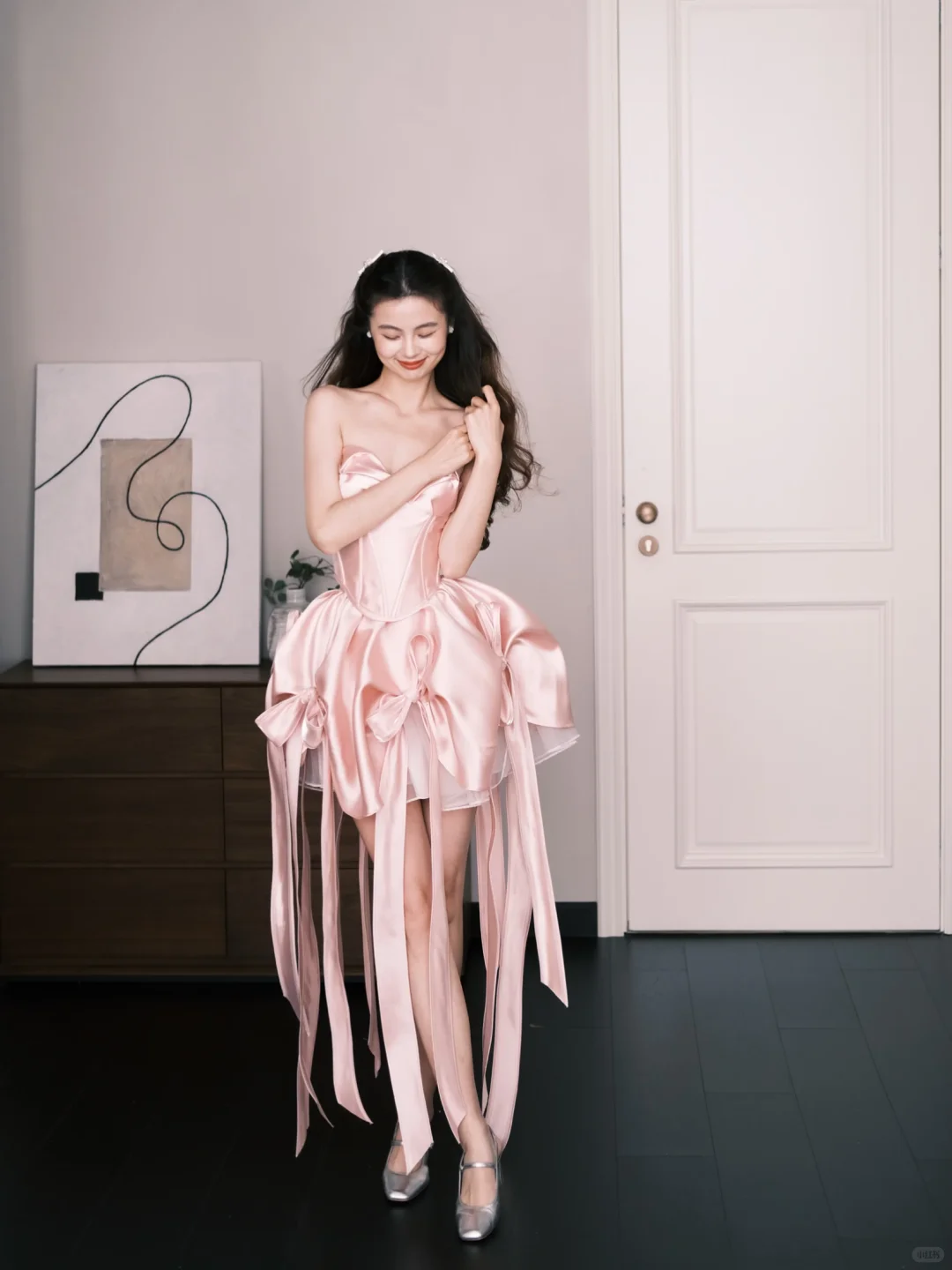 Sweetheart Pink Satin Short Bow Cocktail Dress  NV7277