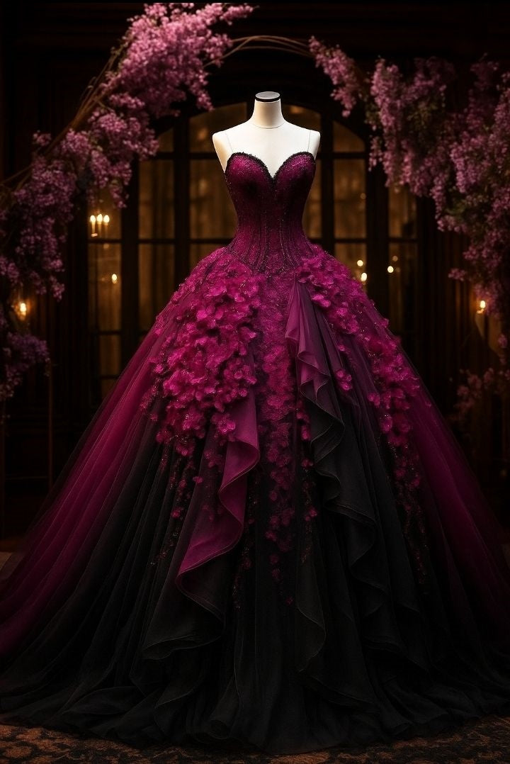 NiceVestidos-Purple-Black Gradient Tulle 3D Floral Strapless Sleeveless Floor-Length Train Gown NV6161