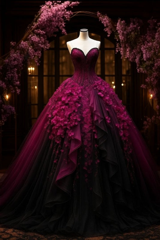 NiceVestidos-Purple-Black Gradient Tulle 3D Floral Strapless Sleeveless Floor-Length Train Gown NV6161