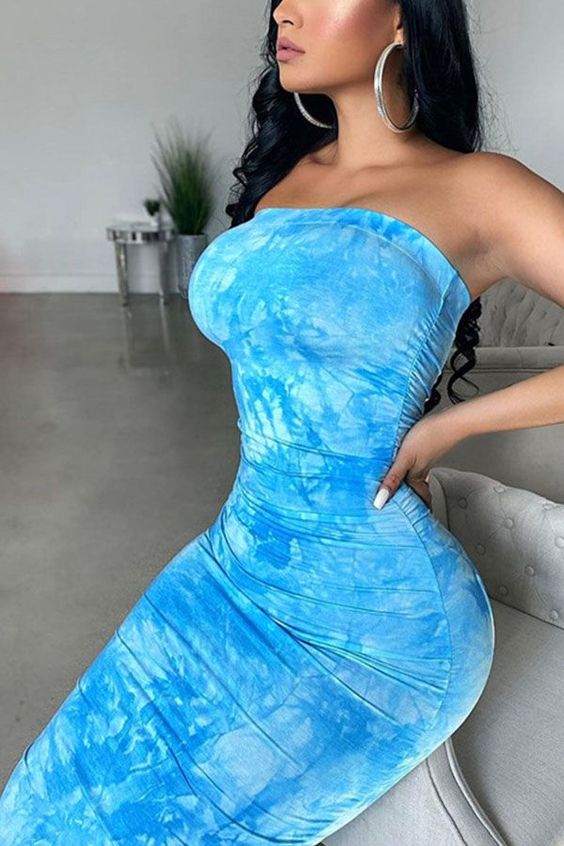 Blaues trägerloses Chiffon-Langes Ballkleid Abendkleid Partykleid nv2800