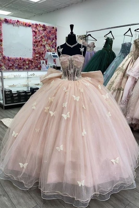 Rosa Quinceanera-Kleid mit Schmetterlings- und Perlenbesatz aus Tüll, Abend- und Ballkleid, NV2685