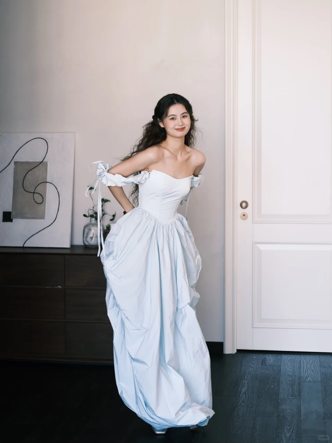 Light Blue Off Shoulder Detachable Puff Sleeve Prom Ball Gown  NV7372