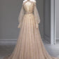 Nude Pink Gorgeous Shiny Fashion V-neck Exquisite Floral Long Sleeves Elegant Tulle Evening Dress Ball Gown Party Dress Prom Dress nv3812