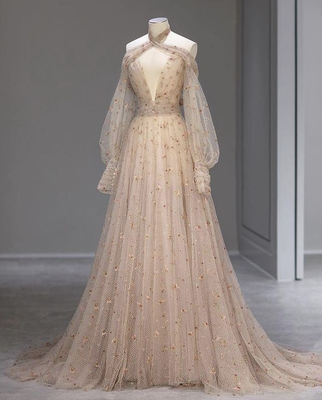 Nude Pink Gorgeous Shiny Fashion V-neck Exquisite Floral Long Sleeves Elegant Tulle Evening Dress Ball Gown Party Dress Prom Dress nv3812
