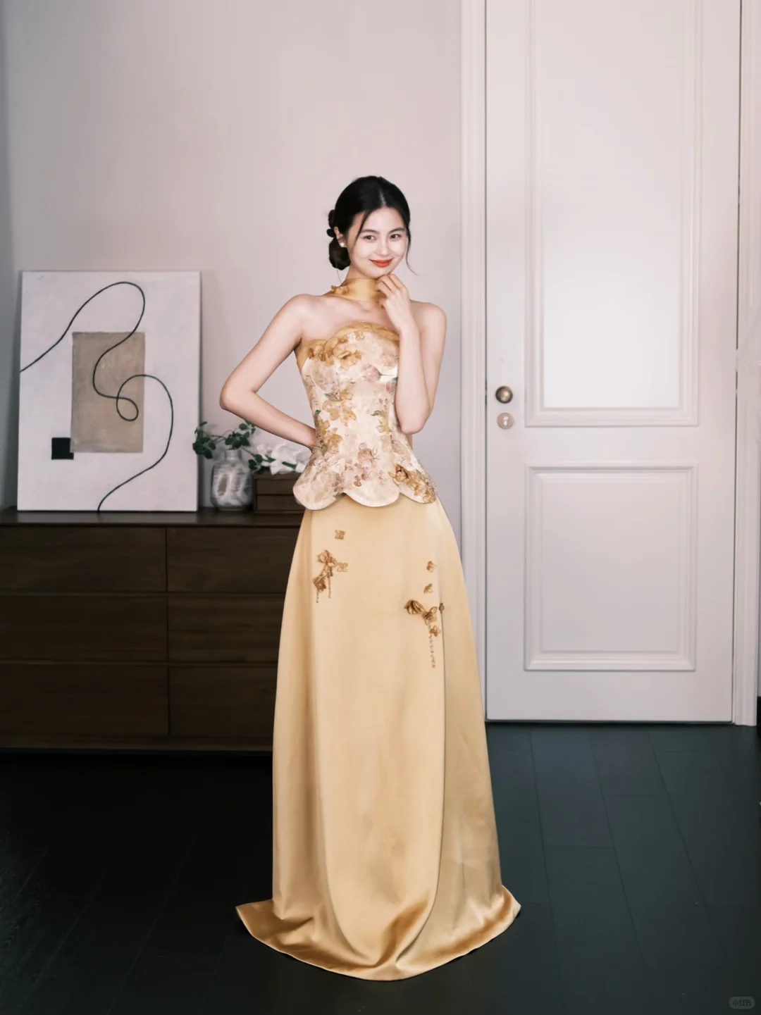 Gold Chinese Style Floral Satin Evening Gown, Strapless Corset Reception Dress  NV7292